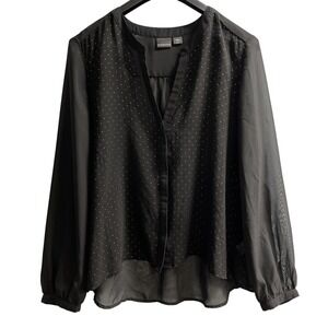 Covington Top Womens XL Sheer Black Chiffon Button‎ Down Metallic Gold Accents